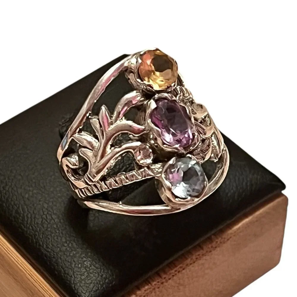 Stunning 925 Sterling Silver Citrine Amethyst Blue Topaz Cocktail Ring Size 8
